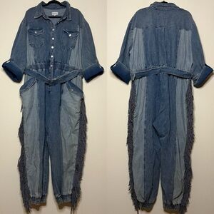 L’ATISTE BY AMY Boho Retro 80s Two Toned Fringe Belted Denim Jumpsuit Romper